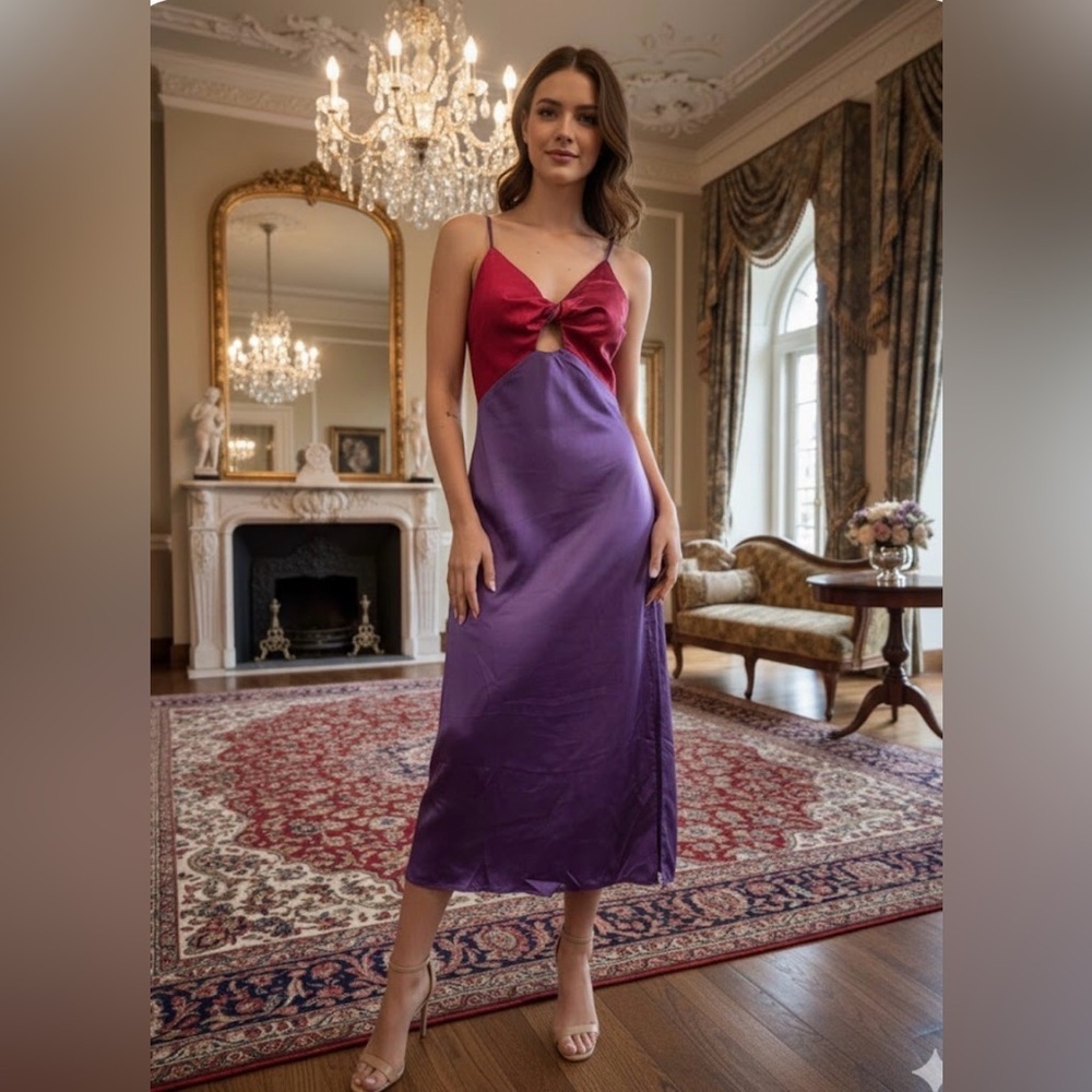 NWT LULU’S Chic Combo Purple Color Block Satin Twist-Front Midi Dress